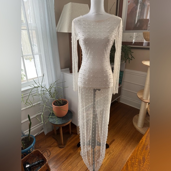 Pearl Rhinestone Embellished Sheer Mesh Maxi Dress - Picture 4 of 13